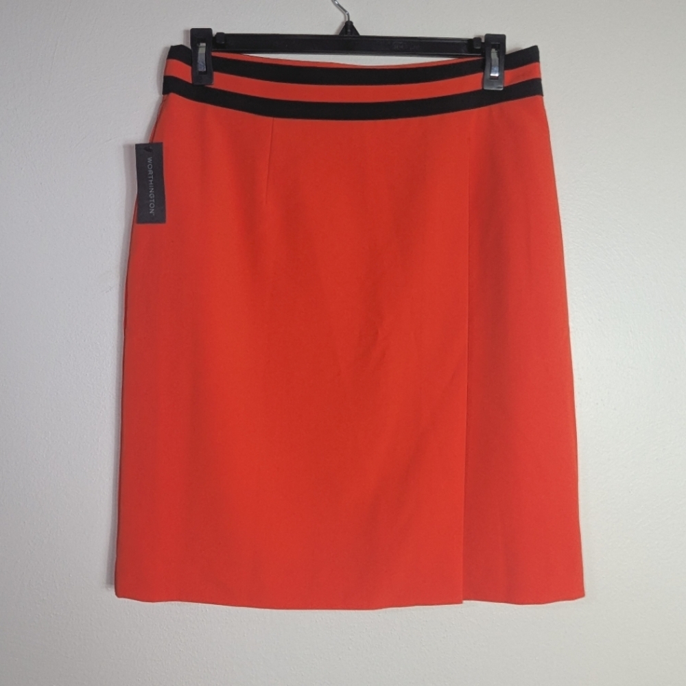 14 NWT Worthington‎ Zydeco Red Orange Black Faux Wrap Skirt